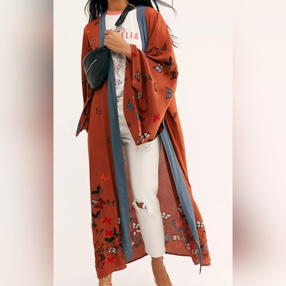 Free People Brown and Blue Kimono Wrap